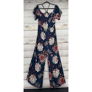 En Creme Floral Jumpsuit Womens Large Blue Red White Halter Neck